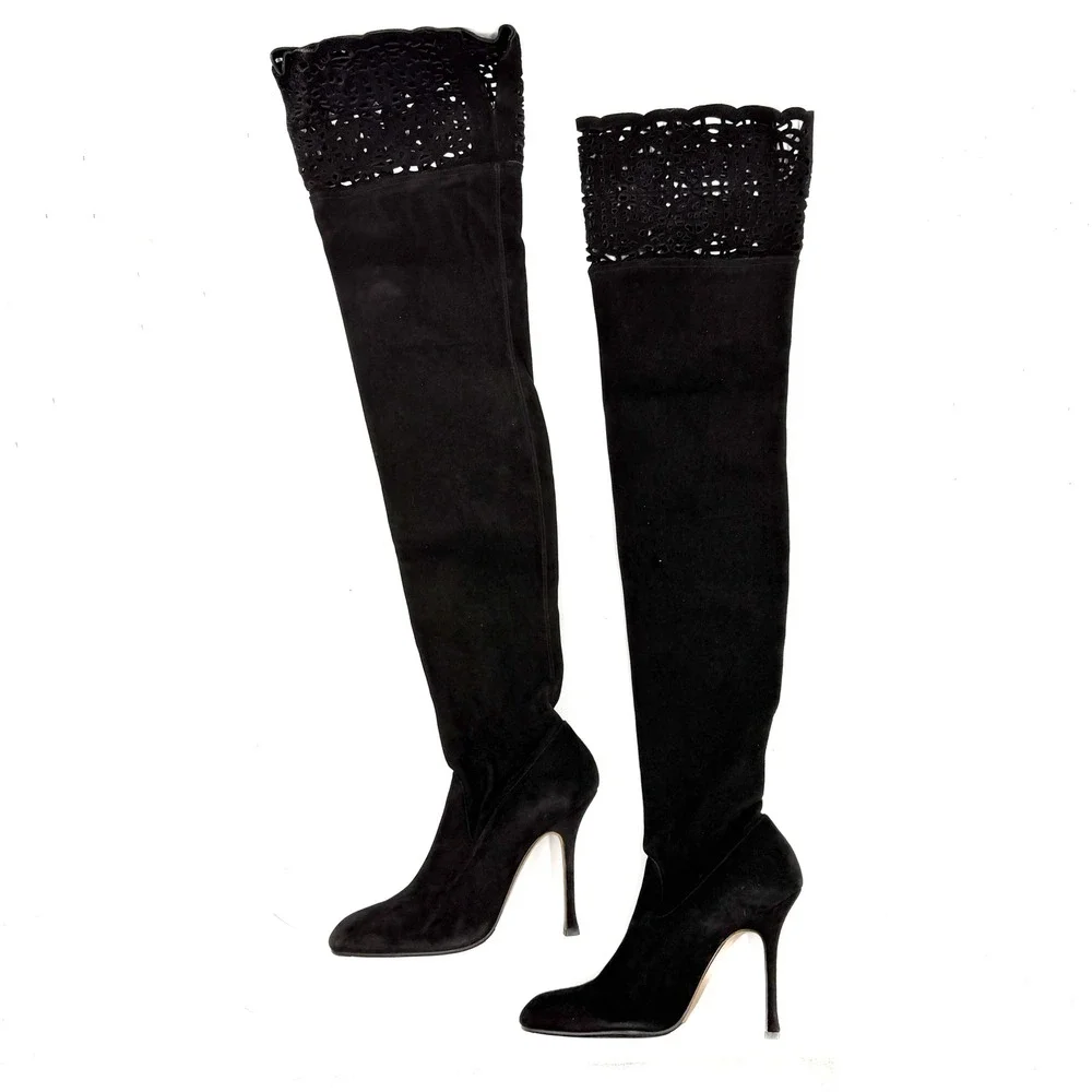 Manolo Blahnik Lape Thigh High Boots Black Suede Laser Cut Over the Knee 36 / 6
